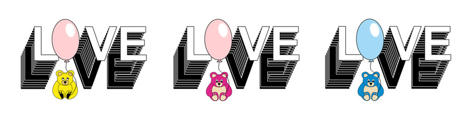 Love word icon. Teddy bear cub sitting and holding a balloon. Illustration for Valentine's Day, Baby shower, It's a girl, It's a boy, Birthday. PNG © Gintare Stackunaite