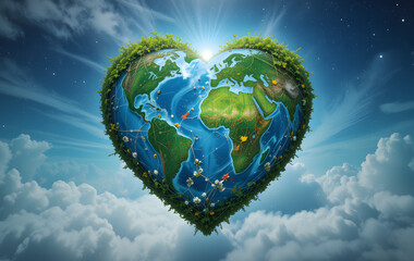 Naklejka premium Heart-shaped Earth symbolizing global love and environmental conservation, emphasizing the connection between humanity and the planet 