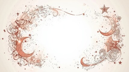 A decorative design featuring intricate swirls, stars, and crescent moons in a soft color palette, ideal for invitations or backgrounds.