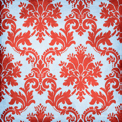 Large red damask floral pattern on a light blue textured background. Perfect for wallpaper, fabric design, home décor, invitations, and bold decorative projects.