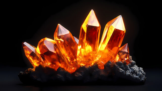Orange topaz crystal cluster over a dark background. Rainstone. Illustration
