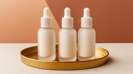Product display packaging and organized, Three elegant dropper bottles on a golden tray against a warm, muted background, highlighting a minimalist aesthetic perfect for skincare or beauty products.