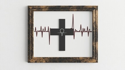 A framed artwork featuring a black cross and a heartbeat line, symbolizing faith and life.