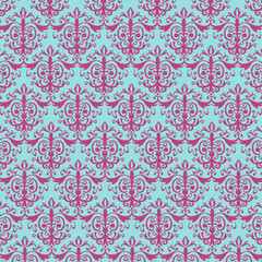 Bright blue and pink damask seamless pattern with ornate floral motifs and textured look. Perfect for wallpaper, textiles, packaging, and playful decorative themes.