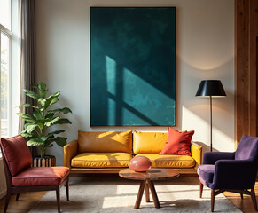 Elegant sunlit room with vibrant yellow leather chairs, lush green plants, and natural shadows on turquoise walls