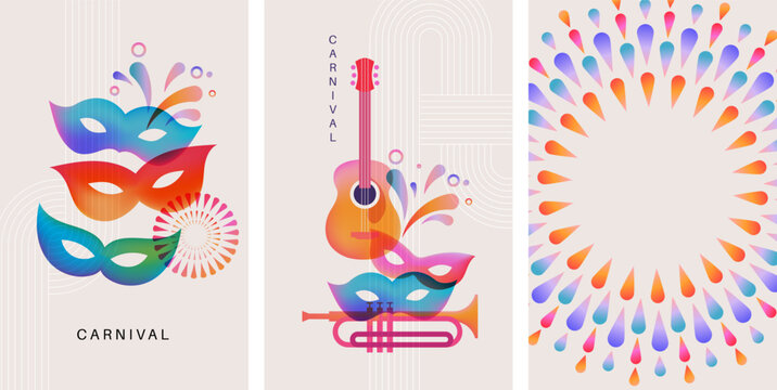 Carnival vertical banners with guitar, masks and fireworks. Colorful vector backgrounds for social media stories.