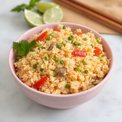 Un delicioso plato de arroz frito junto a unos palillos