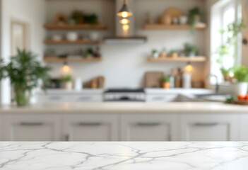 Empty stone white table the bright interior of the kitchen as a blurred background behind the bokeh