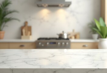 Empty stone white table the bright interior of the kitchen as a blurred background behind the bokeh