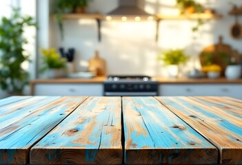 blue Empty wooden table with the bright white interior of the kitchen as a blurred background behind the bokeh golden sunshine
