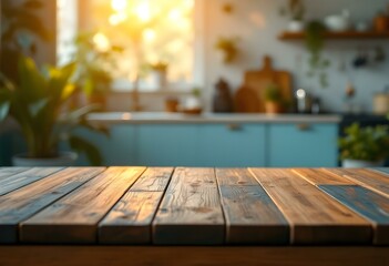 blue Empty wooden table with the bright white interior of the kitchen as a blurred background behind the bokeh golden sunshine