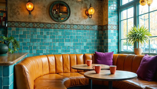 Cozy coffee shop corner with vibrant blue-green tile walls, yellow leather seating, and purple cushions, perfect for uplifting meeting spaces
