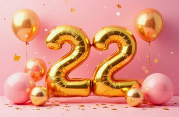 Golden 22nd birthday balloons with pink and gold decor, ideal for social media posts, event flyers, or birthday gift promotions. Pink background
