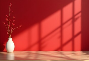 Empty table on dark red wall. Background with window light and shadow. Mockup for presentation, branding products, cosmetics, food, technology or jewelry. Premium background