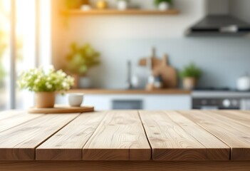 blue Empty wooden table with the bright white interior minimal of the kitchen as a blurred background behind the bokeh golden sunshine