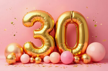 Festive golden "30" balloon display with pink and rose gold balloons, confetti, and a pastel pink background. Perfect for 30th birthday celebrations, anniversaries, and milestone events