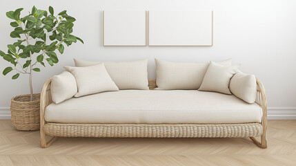 Fototapeta premium Minimalist Natural Woven Sofa with Neutral Tones and Cozy Living Room Decor