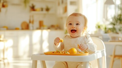 A happy baby sitting in a high chair, enjoying finger food from an orange plate in a bright kitchen.