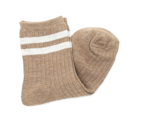 Pair of soft socks isolated on white, top view