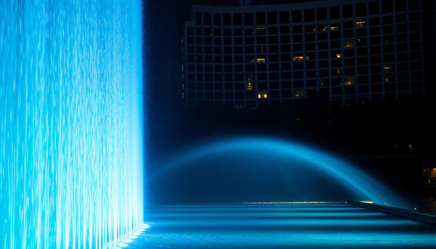 Illuminated Urban Water Fountain with Cityscape - Modern Corporate and Business District Architecture at Night