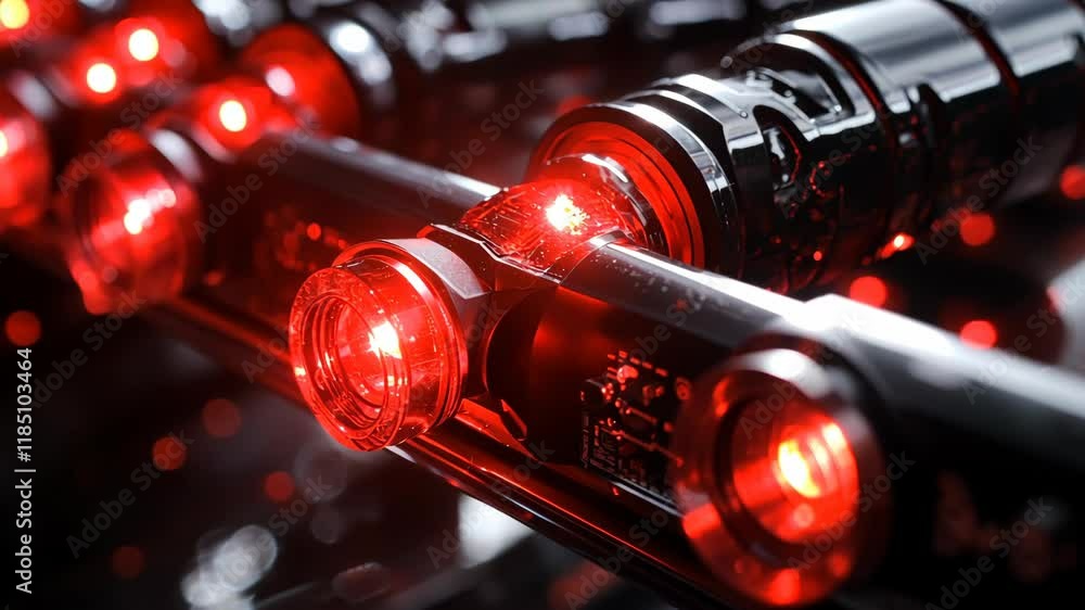 Aufkleber Close up view of illuminated sensors with red lights in a high-tech environment featuring intricate machinery