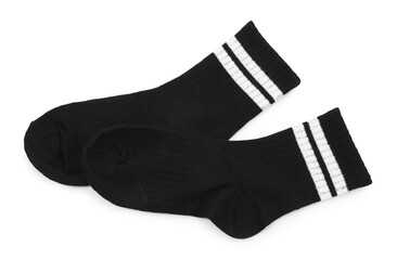Pair of soft socks isolated on white, top view