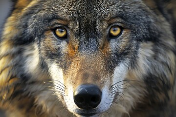 Obraz premium Close-up of a wolf's intense gaze, showing its fur texture, amber eyes, and sharp nose.