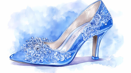 Delicate lace and sparkling crystals adorn a pair of bright blue high-heeled wedding shoes, perfectly positioned on a. Rainstone. Illustration