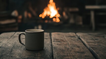 Cozy mug on rustic wooden table near fireplace.