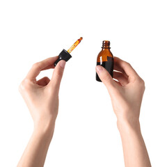 Woman with bottle of topical iodine on white background, closeup