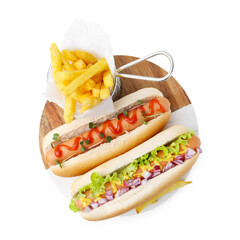 Tasty hot dogs with fries isolated on white, top view
