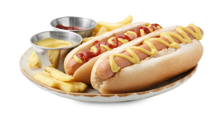 Tasty hot dogs with fries and sauces isolated on white