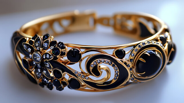 Elegant gold bracelet with intricate black and rhinestone design, perfect for stylish occasions. Rainstone. Illustration