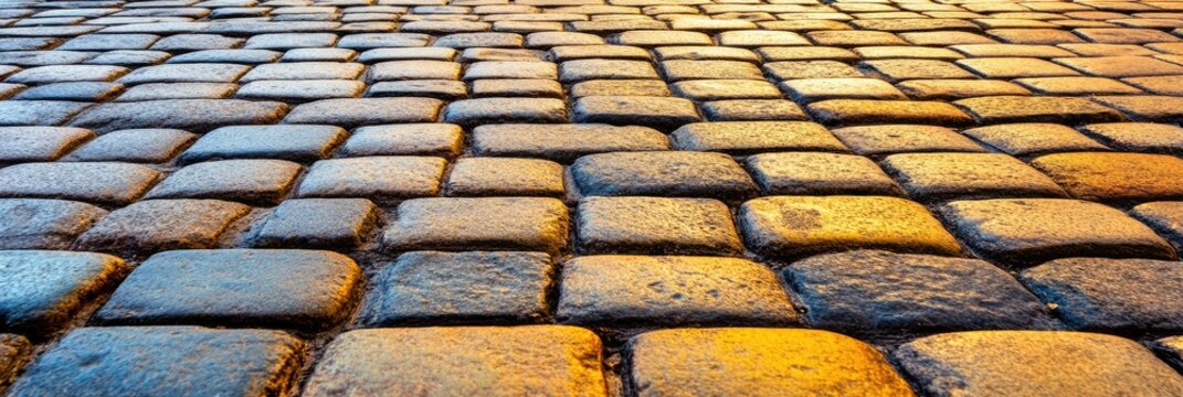 La perspective d'une chauss&eacute;e pav&eacute;e de pierres anciennes, &eacute;clair&eacute;e par une lumi&egrave;re chaude.
