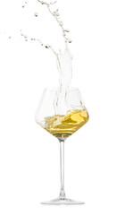Tasty wine splashing in glass on white background