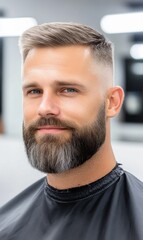 Stylish Portrait of a Man with Groomed Beard and Modern Haircut in Barbershop Setting with Soft Lighting