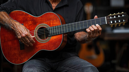 Fototapeta premium Close-up of elderly hands skillfully playing a classical guitar. Generated with AI.