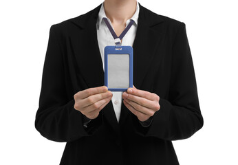 Woman with blank badge on white background, closeup