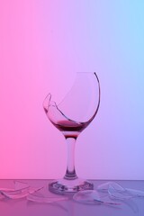 Pieces of broken glass with wine on table, color tone effect