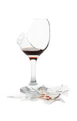Pieces of broken glass with wine isolated on white