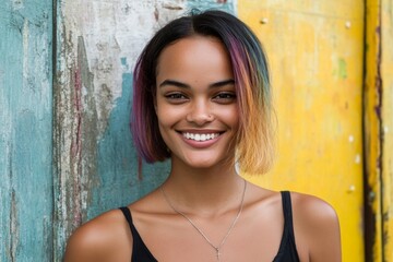 Fototapeta premium Lovely smiling mixed-race girl - for ads, marketing material and digital marketing networks use. Commercial marketing visual idea. Short haircut - multicolored hair. Artistic campaign ideas.