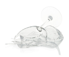 Pieces of broken wine glass isolated on white