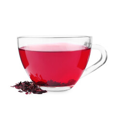 Delicious hibiscus tea in glass cup and dry roselle sepals isolated on white