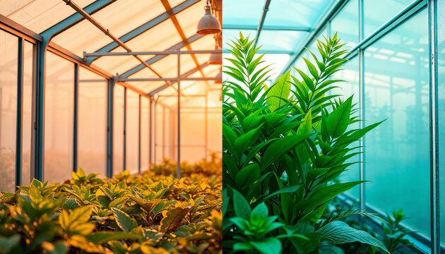 Sunlit and shaded greenhouse sections emphasizing healthy plants, sustainable farming methods, and horticultural innovation