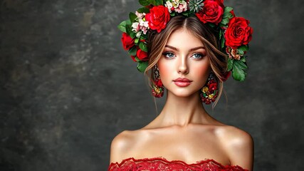 Beautiful woman wearing a floral crown poses in elegant traditional attire against a dark backdrop - Powered by Adobe