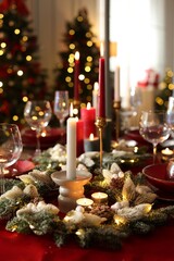Christmas place setting with festive decor on table in room, closeup