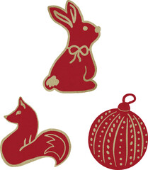 Christmas baubles, hare, fox, christmas ball, red, gold, Christmas ornaments, Christmas Eve, Christmas toys, festive, decoration. Vector, set, collection. Watercolor, Vintage. Greeting design, invitat