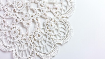 Obraz premium A delicate white lace doily, showcasing intricate patterns and craftsmanship, ideal for table decoration or as a decorative accent.