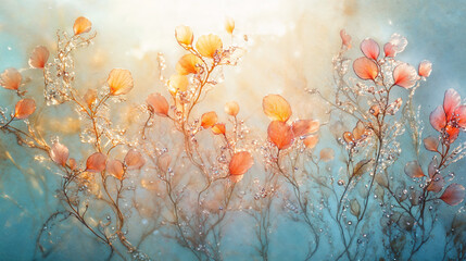 Colorful abstract underwater scene featuring vibrant seaweed patterns and light reflections in a serene aquatic environment