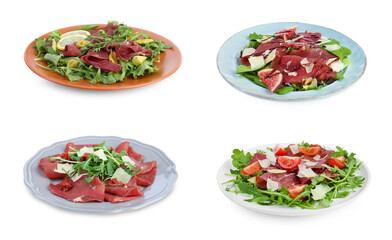 Delicious salads with bresaola isolated on white, set